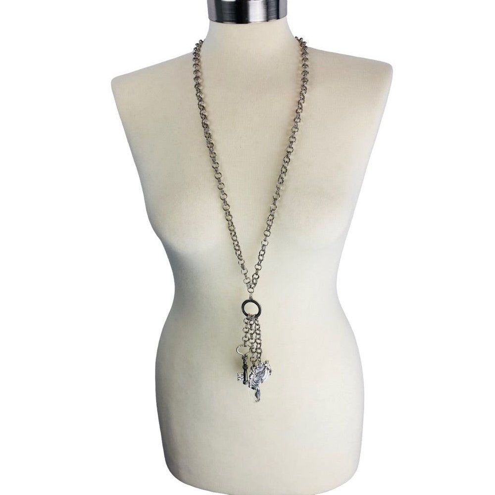Chico's Silvertone Chunky Chain 34" Pendant Necklace Toggle Clasp Key Crystal Cr